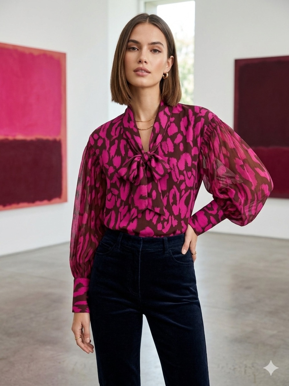 Who What Wear Fuchsia and Black Print Bow-Tie Blouse
